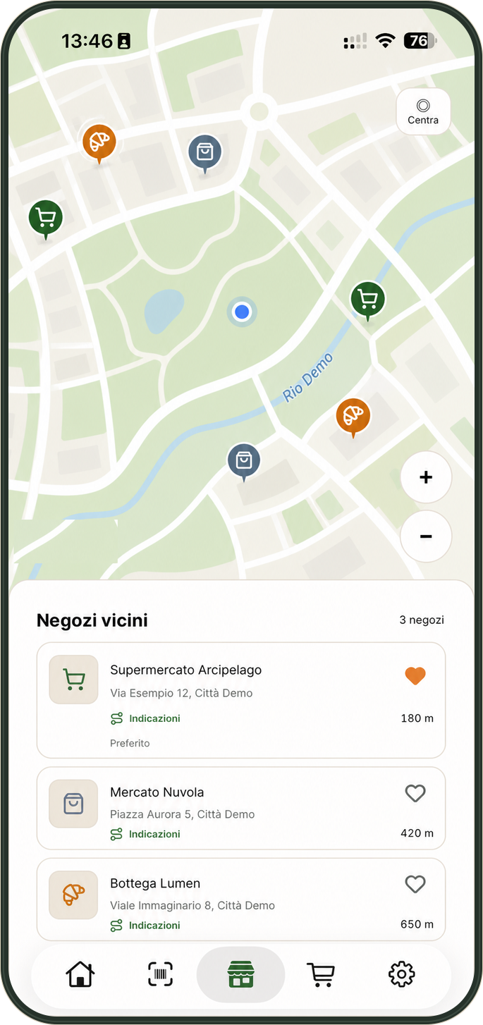 Schermata dimostrativa dei negozi vicini con mappa fittizia, negozi inventati e distanze di esempio